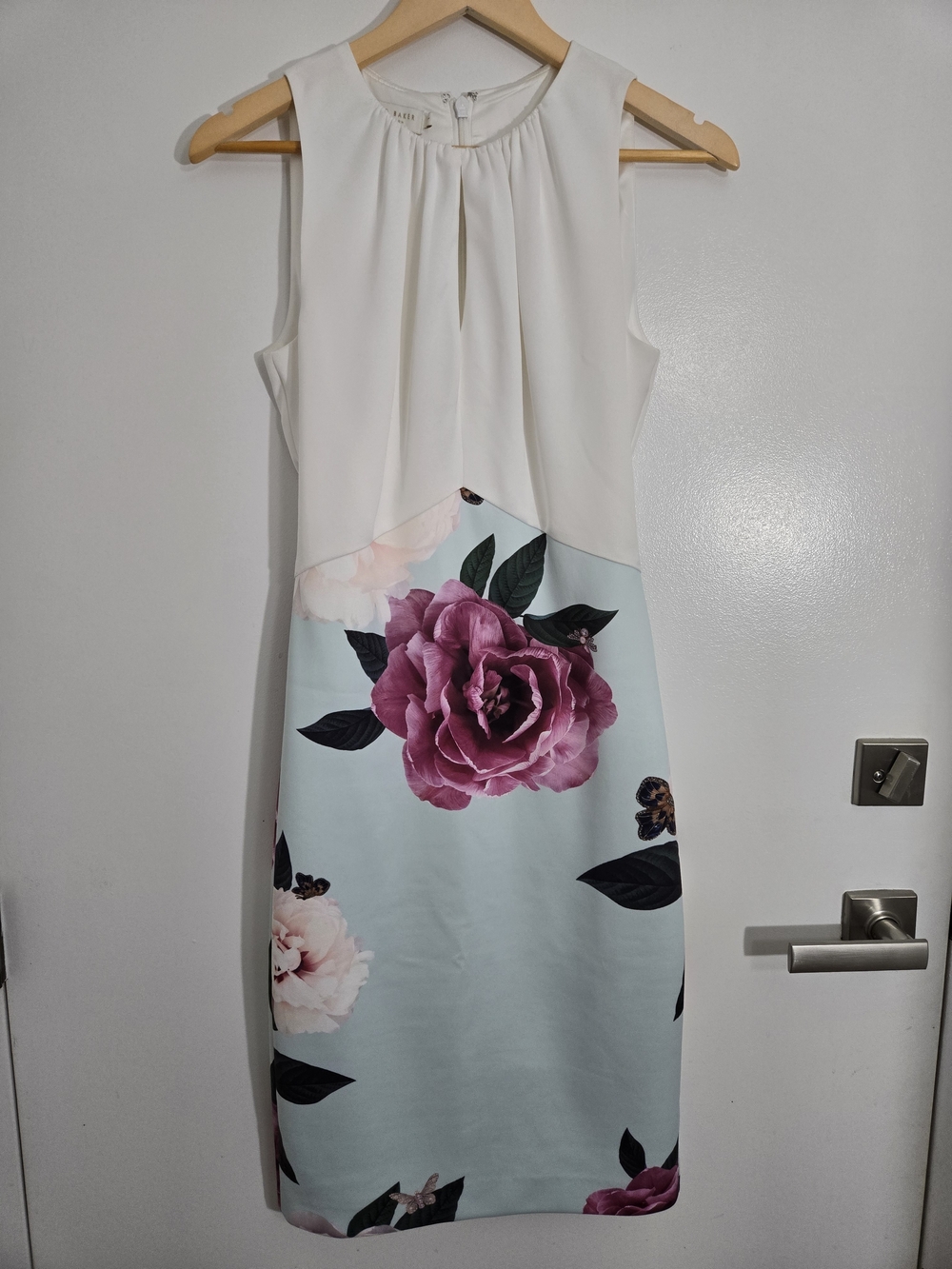 Ted Baker Cream and Light Blue Midi Dress with Pink Floral Print - Picture 2 of 10